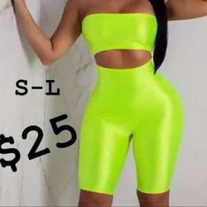 Neon green one pc sexy body suit shorts